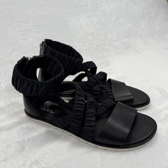 Sorel Gladiator Sandals Ruched Straps Back Zipper Black Leather Size‎ 6.5 - Picture 4 of 10
